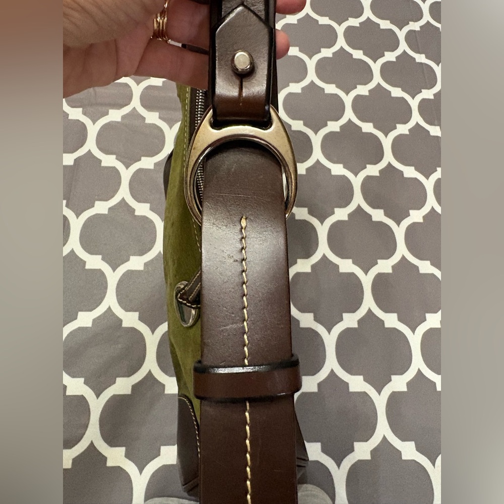 Dooney & Bourke 19745 Series Olive Green Suede and Brown Leather Hobo Purse - Picture 7 of 16